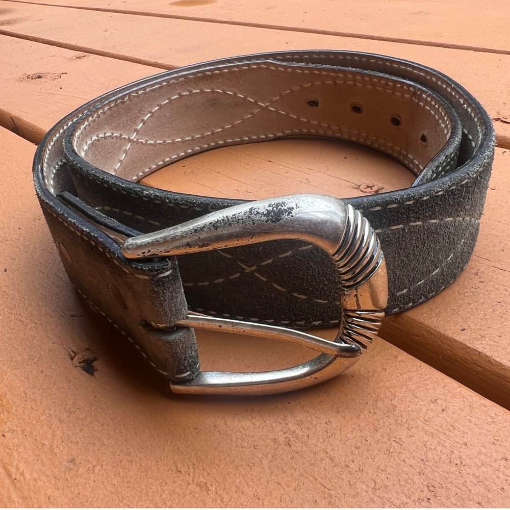 Vintage Grey Suede Western Belt Ribbed Silver Buckle Split Cowhide USA Made 34